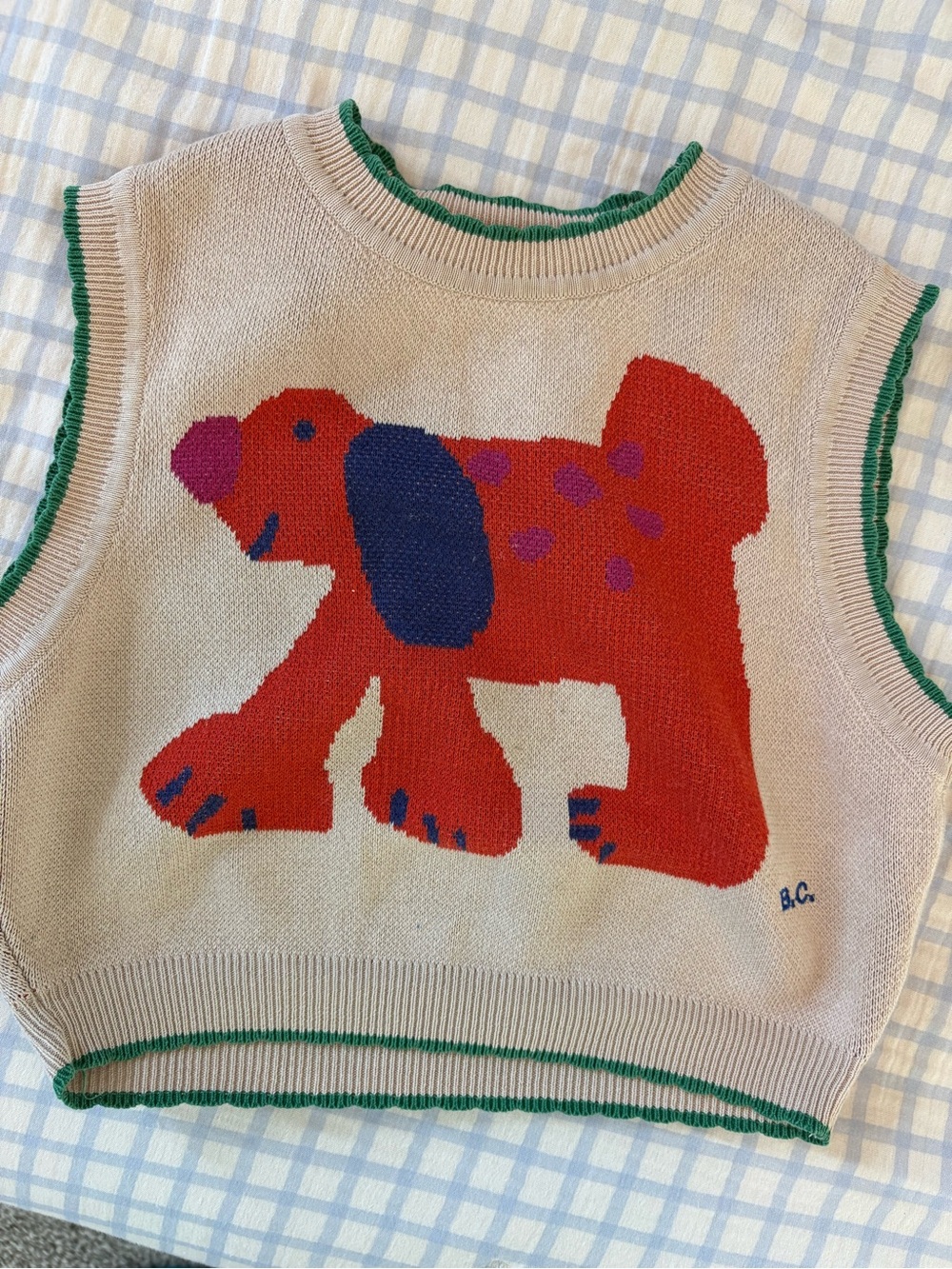 Bobo Choses Unisex Knit Vest with Red Dog and Green Trim